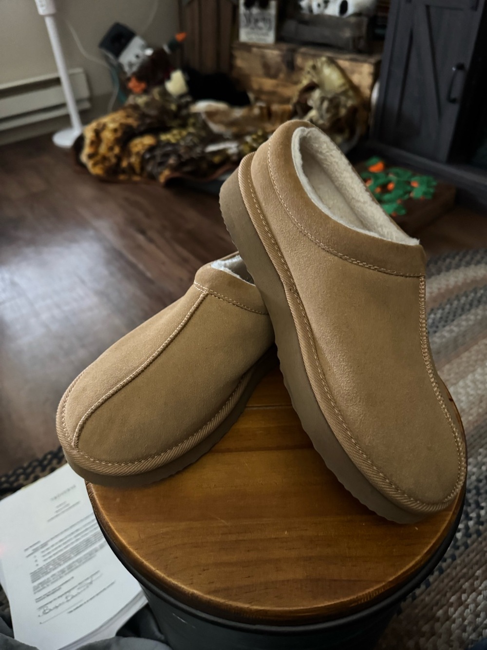 Womens Tan Slip-On Suede Shearling Lined Clog